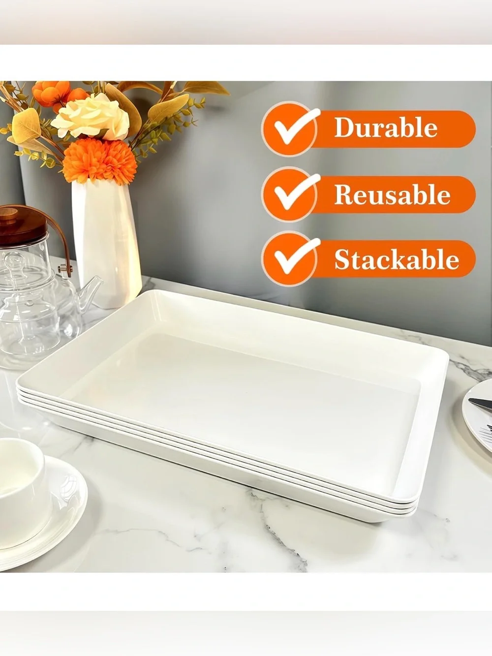 White plastic stackable Serving Trays platter for Parties - Set of 4